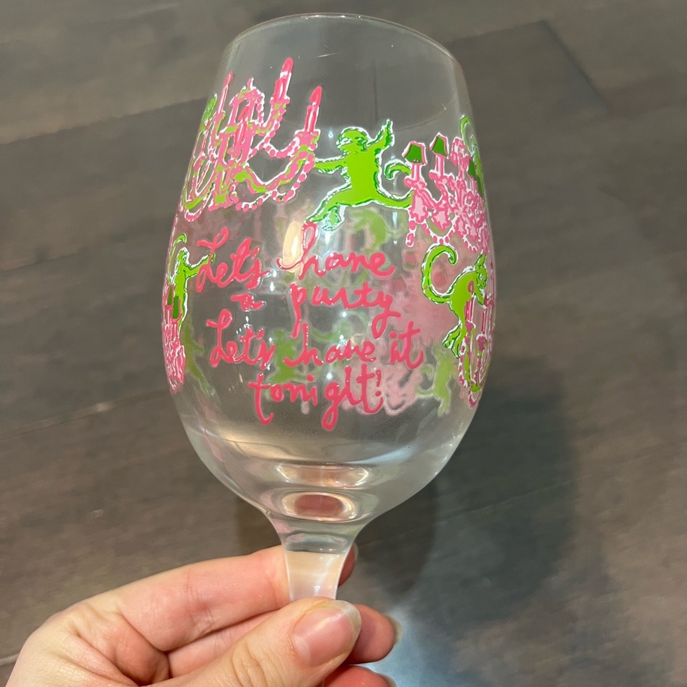 Lilly Pulitzer Monkey Trouble "Let's Have a Party" Wine Glass - NWT